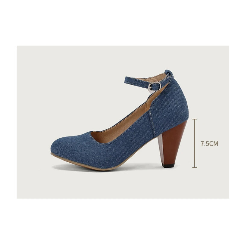 Women Pumps Pointed Toe, 7.5cm Spike Heel, Denim Fabric, Office Ankle Strap