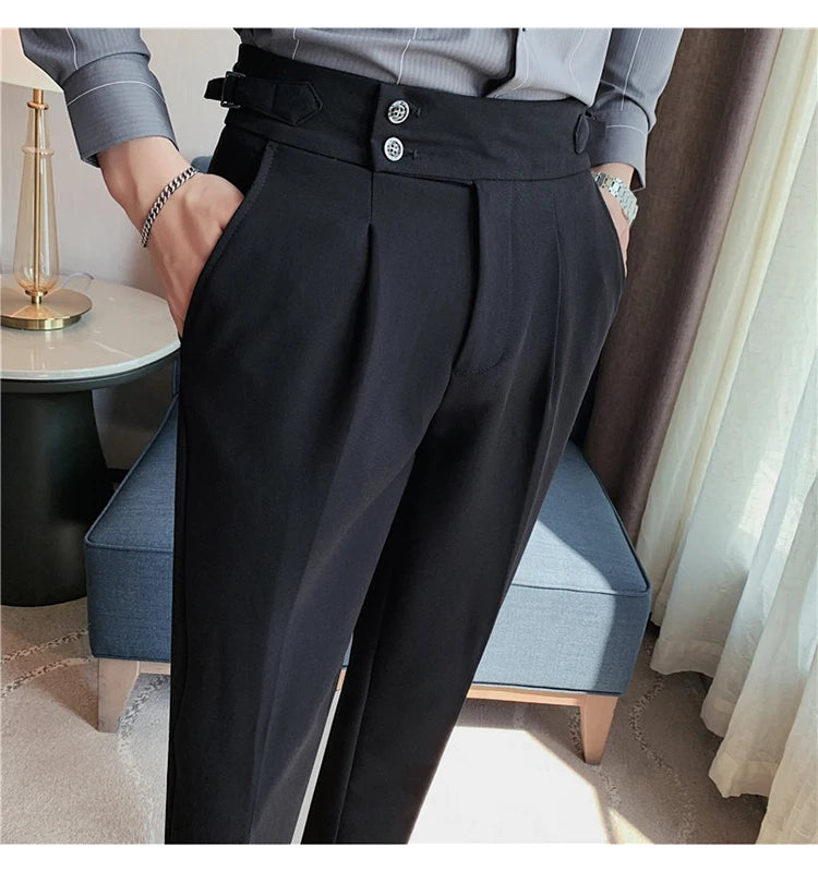 Men Dress Suit Pants, Striped Plaid British Style, High Waist Casual Belt Design 
Slim Trousers, Formal, Office, Social, Wedding, Party