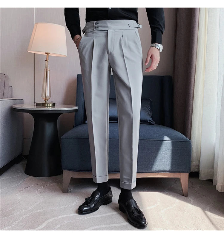 Men Dress Suit Pants, Striped Plaid British Style, High Waist Casual Belt Design 
Slim Trousers, Formal, Office, Social, Wedding, Party