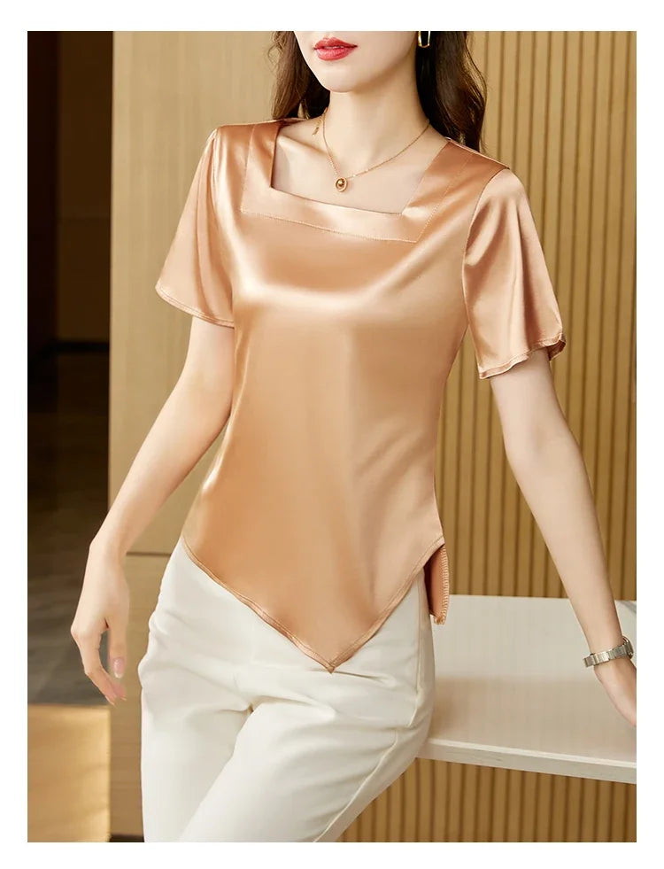 Satin Blouse with Square Collar