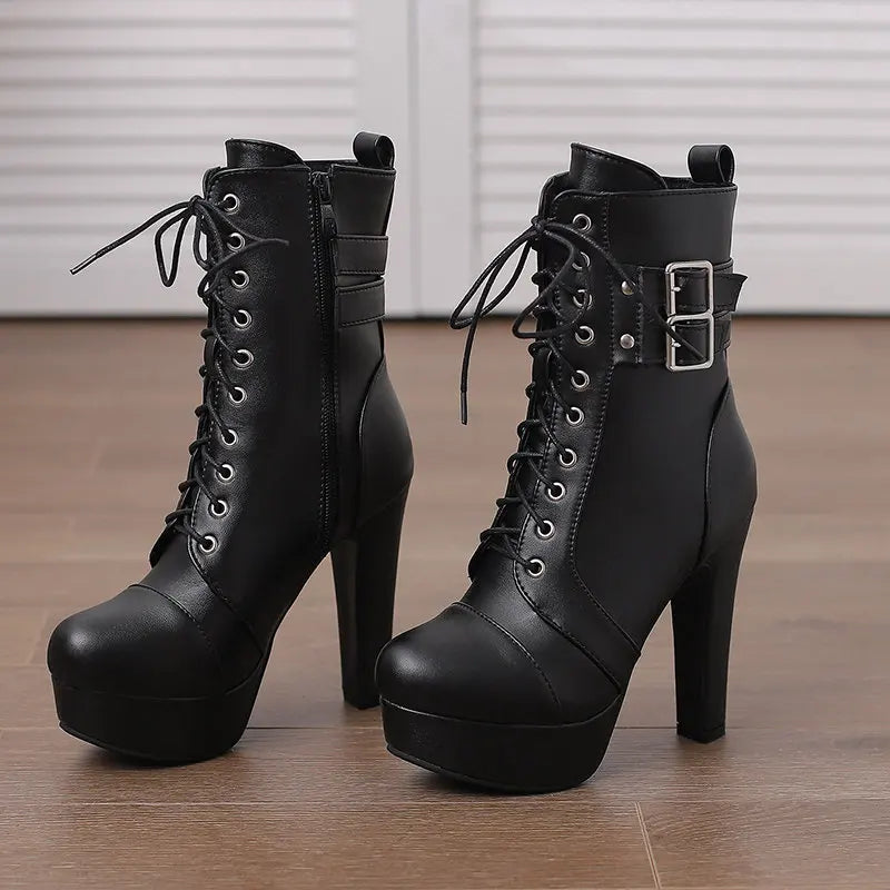 Women Boots with Round Toe, Chunky High Heels 12cm, Platform, 2.5cm Zipper
 Lace Up Belt Buckles