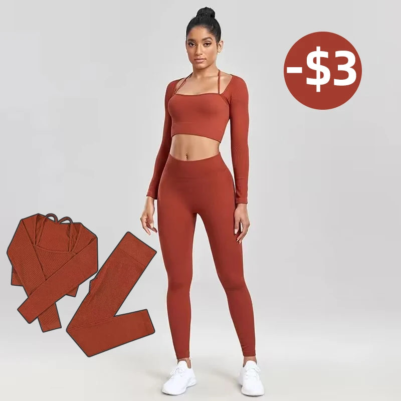 Ribbed Gym Set for Women 
Knitted Yoga Set for ladies with High Waist, Raises Butt, Push Up Long Sleeve Suit