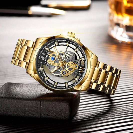 New Men Watch Skeleton style
 Quartz Wristwatch Gold Retro Man Luxury Clock