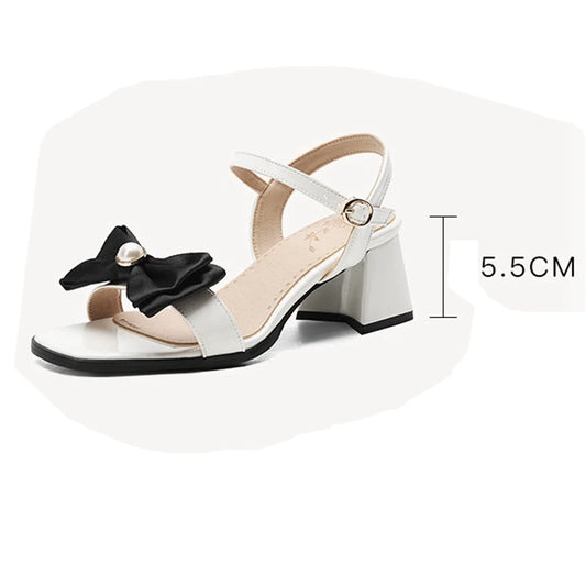 Peep Toe Round Women Sandals, Bow Pearl 5.5cm Thick Heel, Ankle Strap