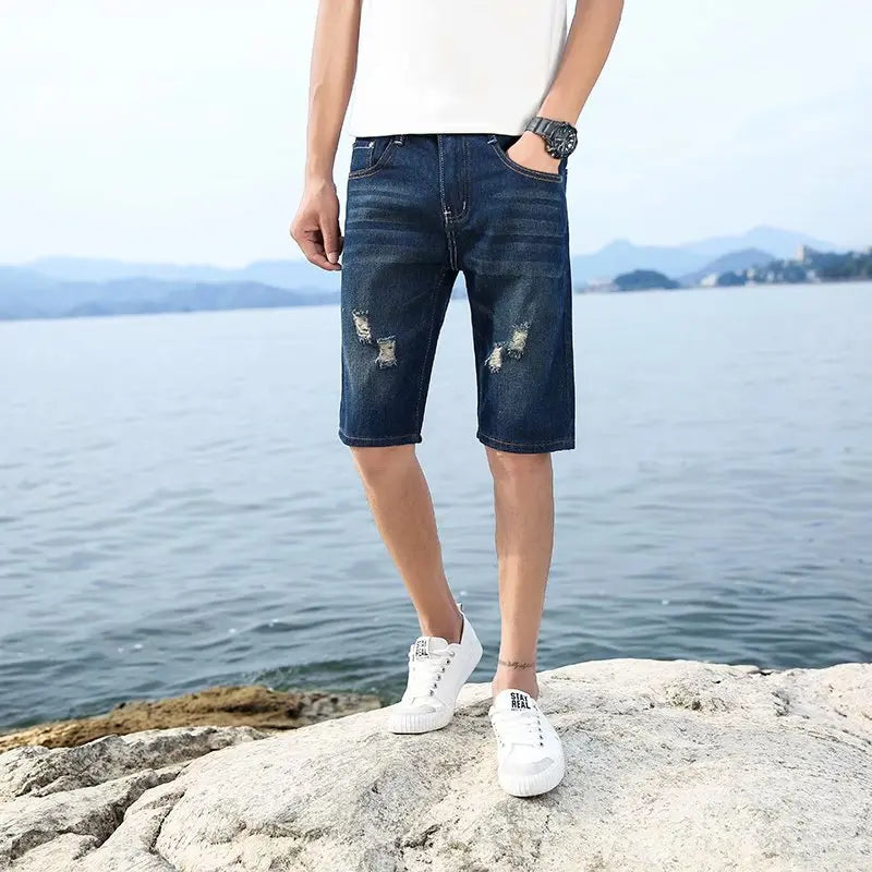 Summer Men Personalized Washable Perforated Denim Pants