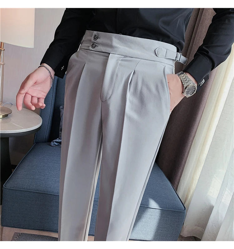 Men Dress Suit Pants, Striped Plaid British Style, High Waist Casual Belt Design 
Slim Trousers, Formal, Office, Social, Wedding, Party