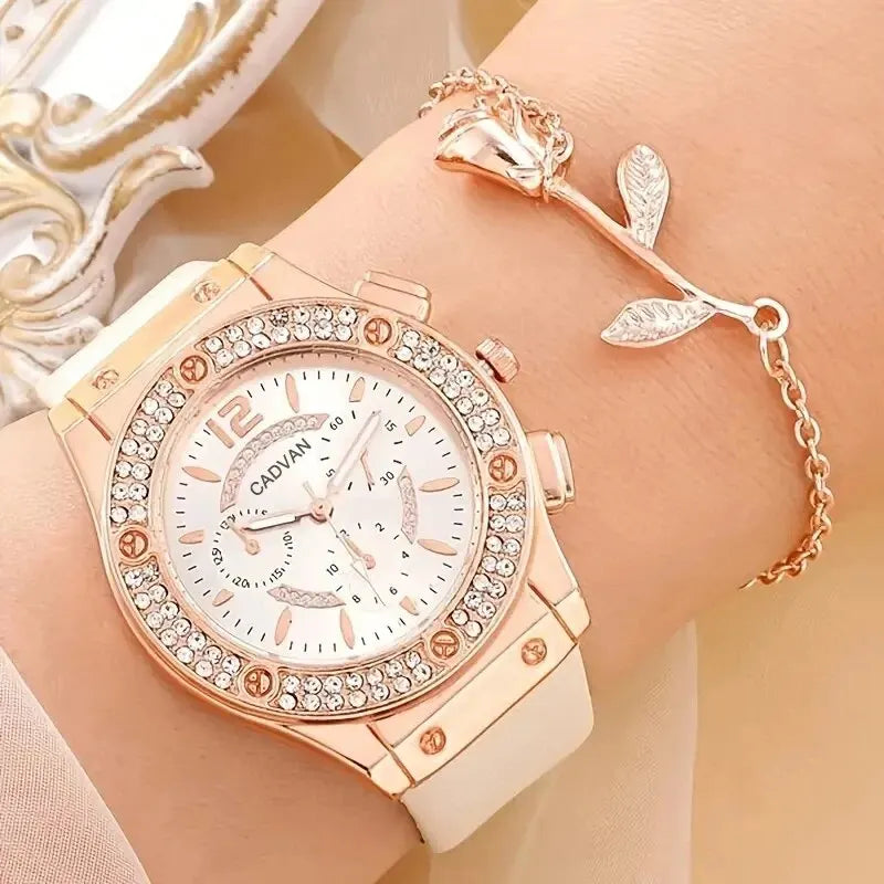 Set Luxury Rhinestone Women Fashion Elegant Wristwatch Quartz Watch