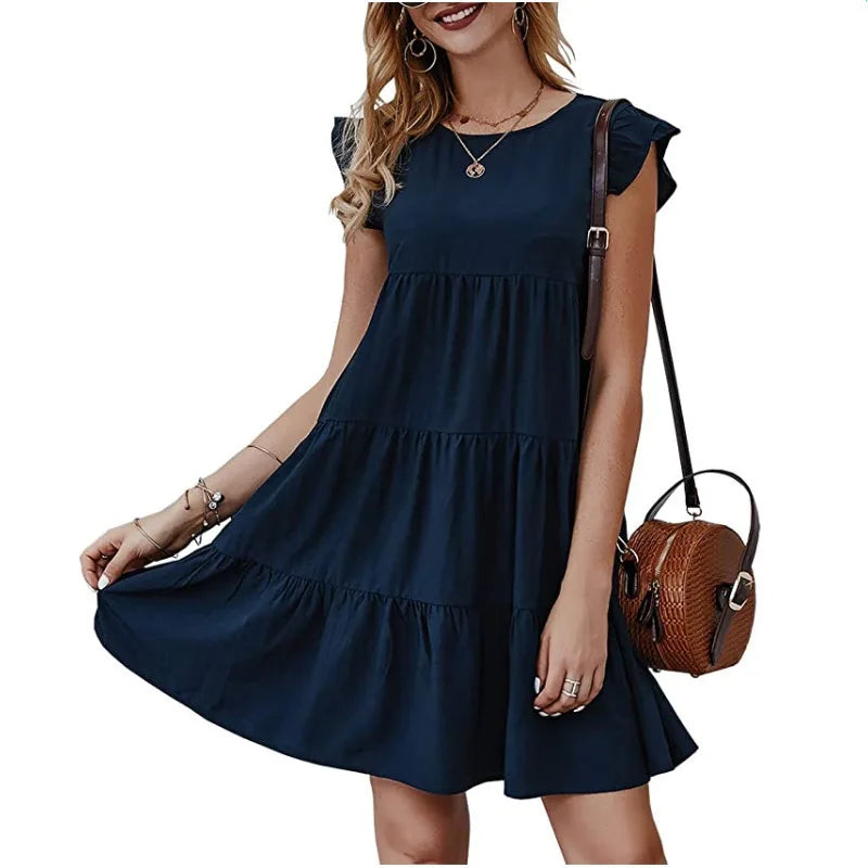 Elegant Ruffle Mini Dress, Casual Solid O Neck Beach Party Sundress Simple Chic Loose Short Dress Vintage