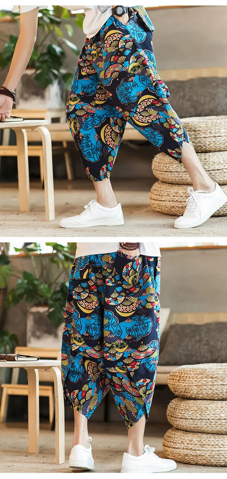 Summer Loose Calf Length Casual Pants for Men 
Wide Leg Cotton Linen Printing Baggy Pants