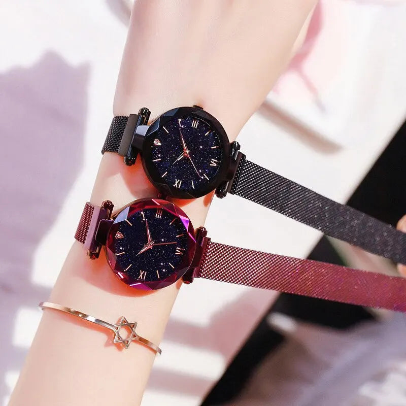 Starry Sky Watches 
Magnet Buckle Mesh Belt Diamond Quartz Watch