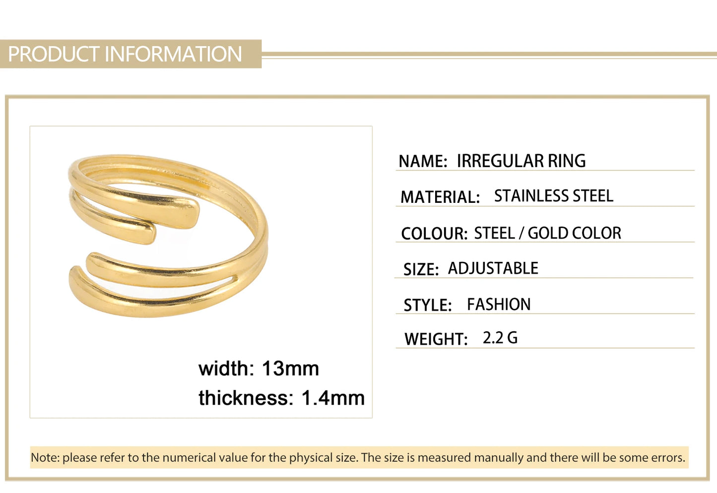 Stainless Steel Irregular Geometric Ring, Gold Color 
Open Finger Rings