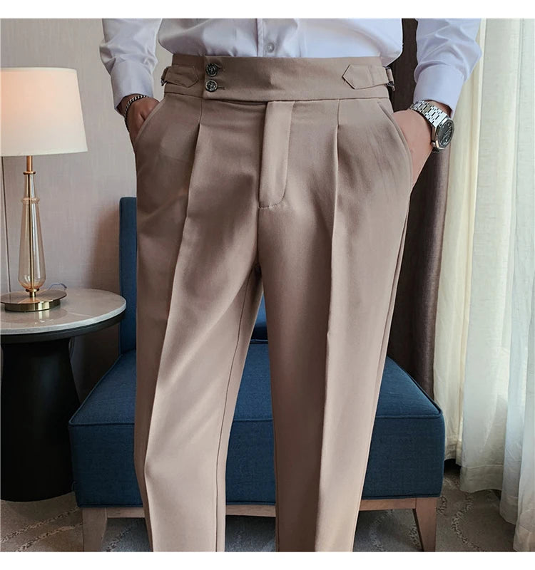 Men Dress Suit Pants, Striped Plaid British Style, High Waist Casual Belt Design 
Slim Trousers, Formal, Office, Social, Wedding, Party