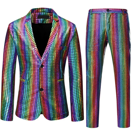 Men Stage Prom Suits, Shiny Rainbow Plaid Sequin Jacket & Pants 
Men Dance, Festival, Party Costume