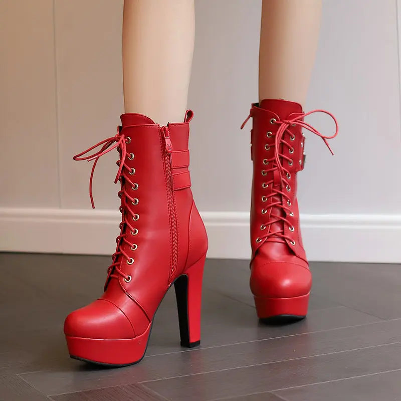 Women Boots with Round Toe, Chunky High Heels 12cm, Platform, 2.5cm Zipper
 Lace Up Belt Buckles