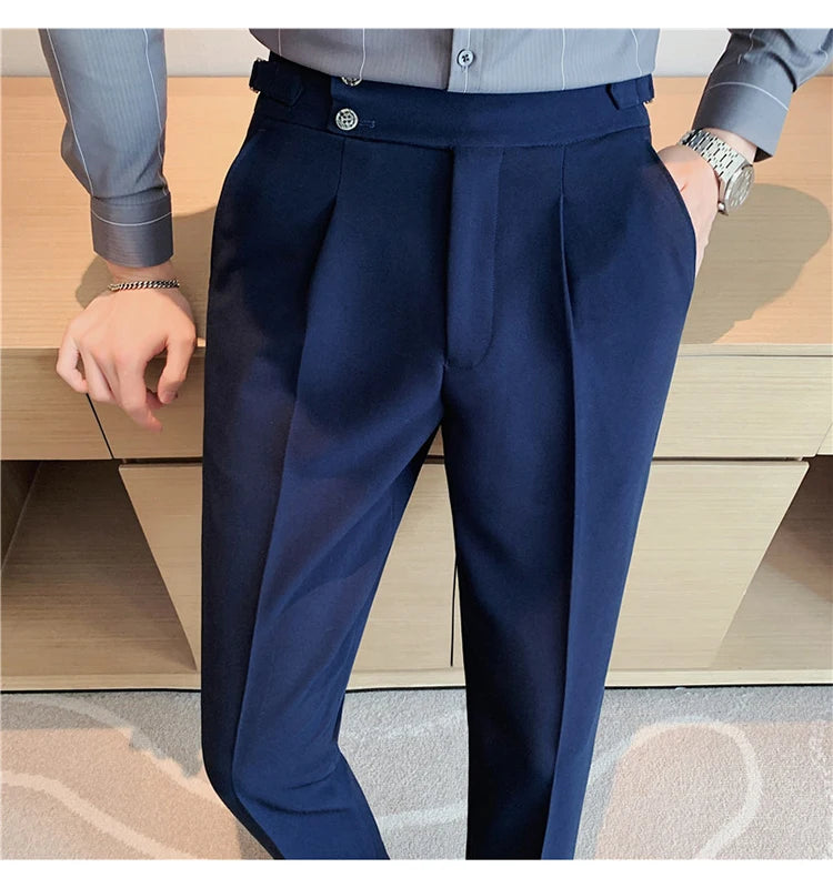 Men Dress Suit Pants, Striped Plaid British Style, High Waist Casual Belt Design 
Slim Trousers, Formal, Office, Social, Wedding, Party