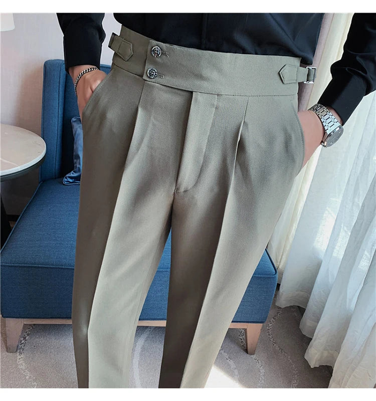 Men Dress Suit Pants, Striped Plaid British Style, High Waist Casual Belt Design 
Slim Trousers, Formal, Office, Social, Wedding, Party