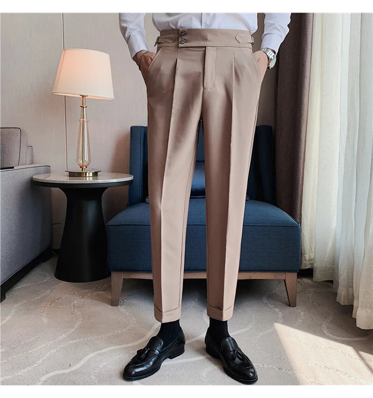 Men Dress Suit Pants, Striped Plaid British Style, High Waist Casual Belt Design 
Slim Trousers, Formal, Office, Social, Wedding, Party