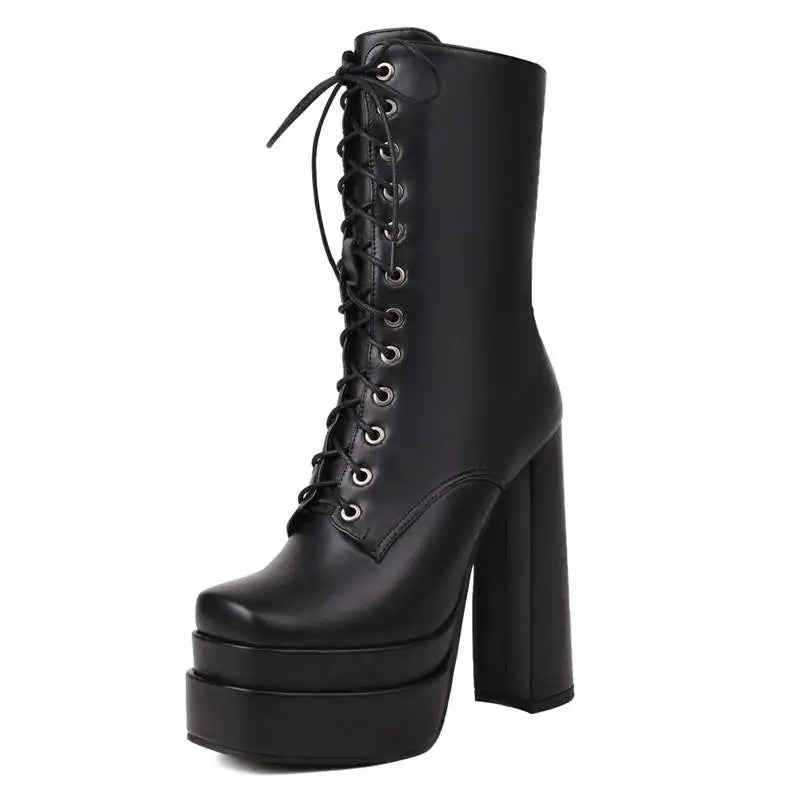 Ladies Mid Calf Boots 18cm with Square Toe, Block Heels 14cm
Double Platform 5cm, Zipper Lace Up Female Booties