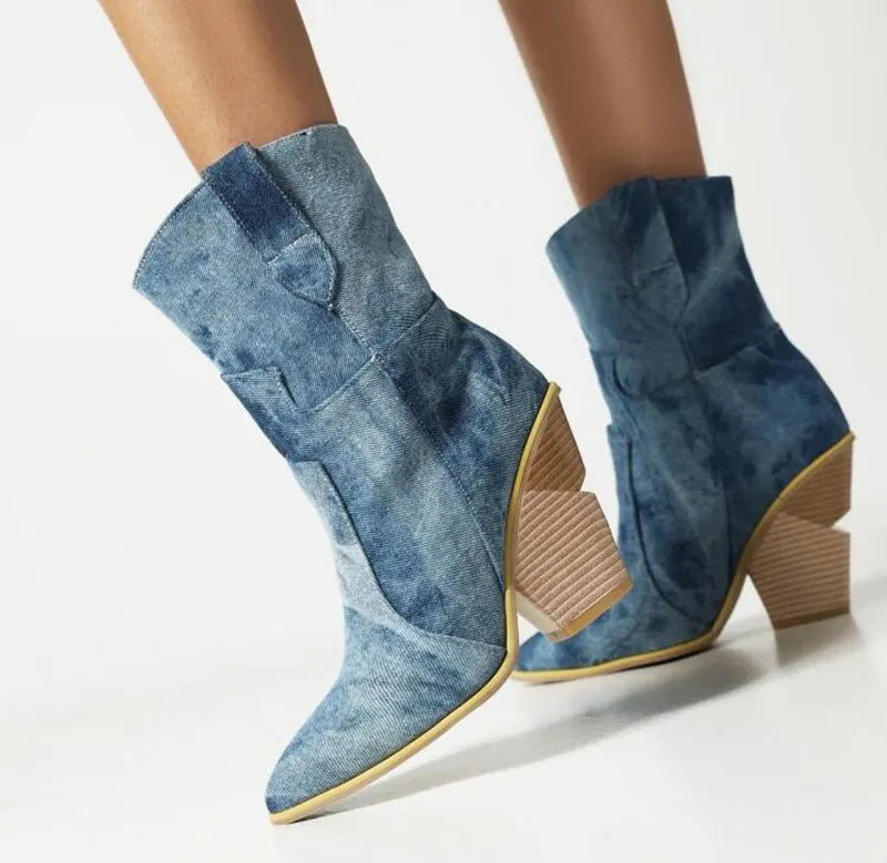 Denim Winter Warm Fur in Western style Ankle Boots for Women with Wedge Heel& Pointed Toe, Slip On