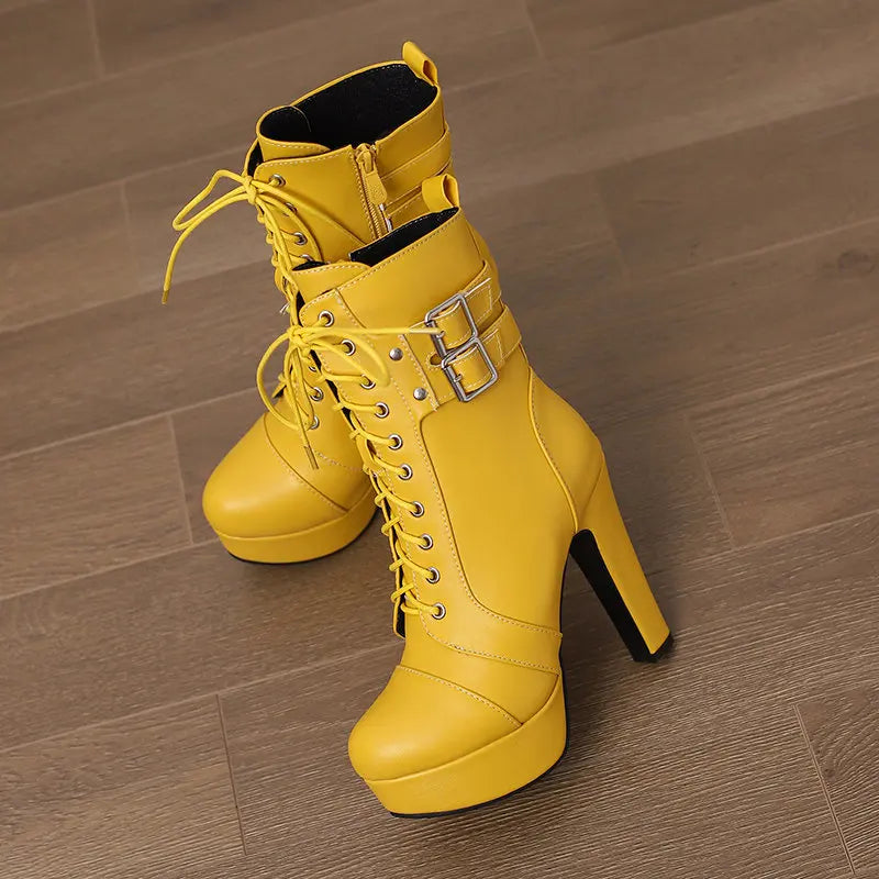 Women Boots with Round Toe, Chunky High Heels 12cm, Platform, 2.5cm Zipper
 Lace Up Belt Buckles