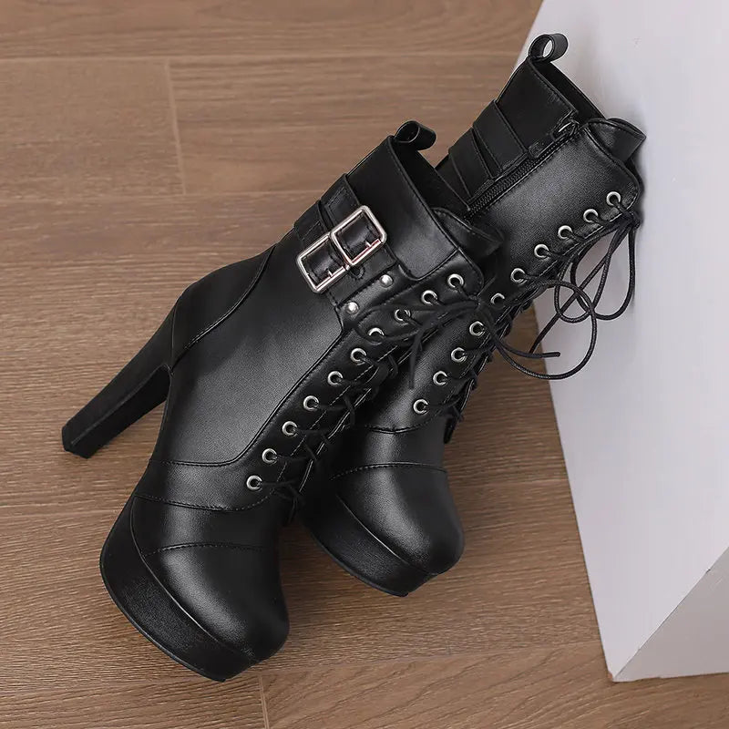 Women Boots with Round Toe, Chunky High Heels 12cm, Platform, 2.5cm Zipper
 Lace Up Belt Buckles