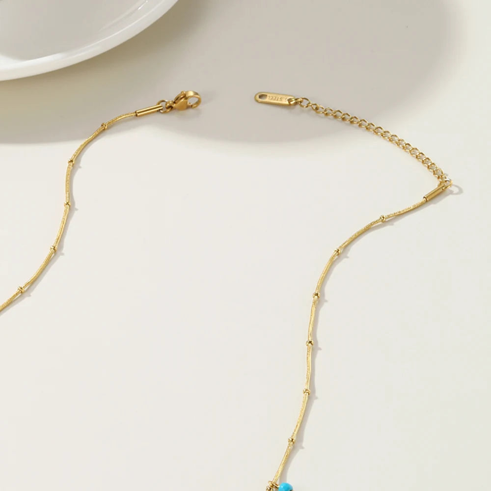 18K Gold PVD Plated Stainless Steel Chain Necklace for Women with Turquoise Natural Stone Round Tap
Texture Waterproof Jewelry