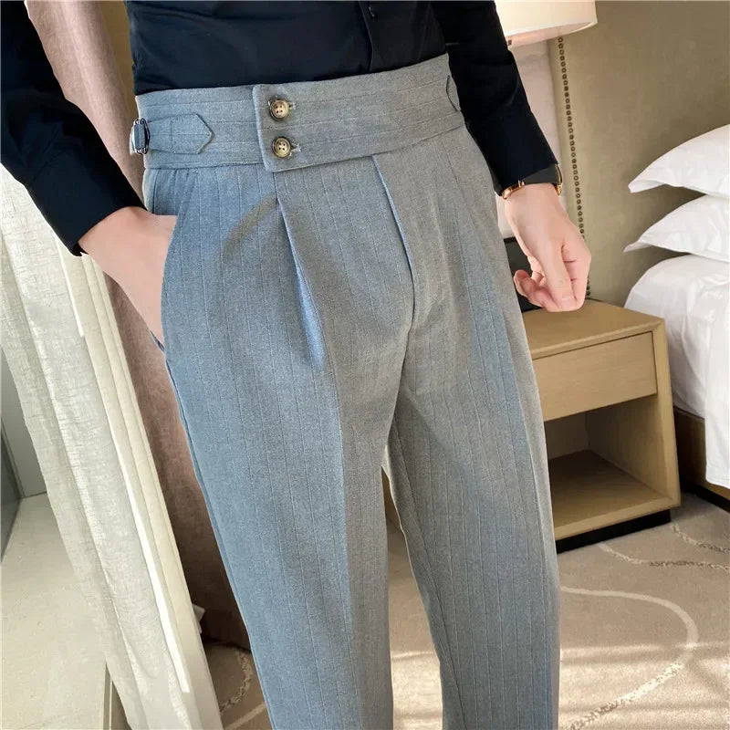 Men Dress Suit Pants, Striped Plaid British Style, High Waist Casual Belt Design 
Slim Trousers, Formal, Office, Social, Wedding, Party