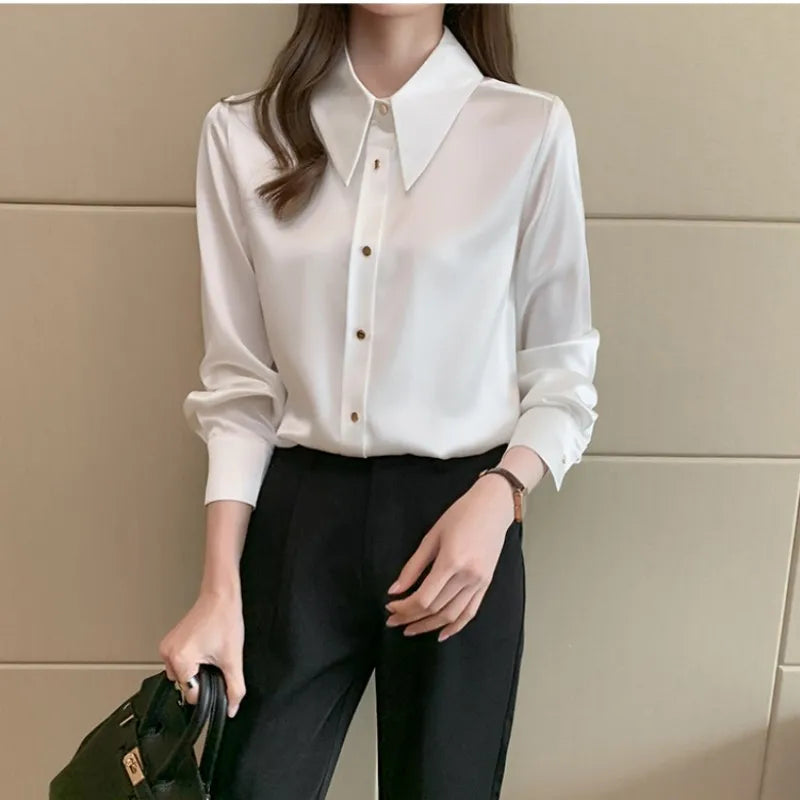 Silk Women Satin Blouses with Long Sleeve