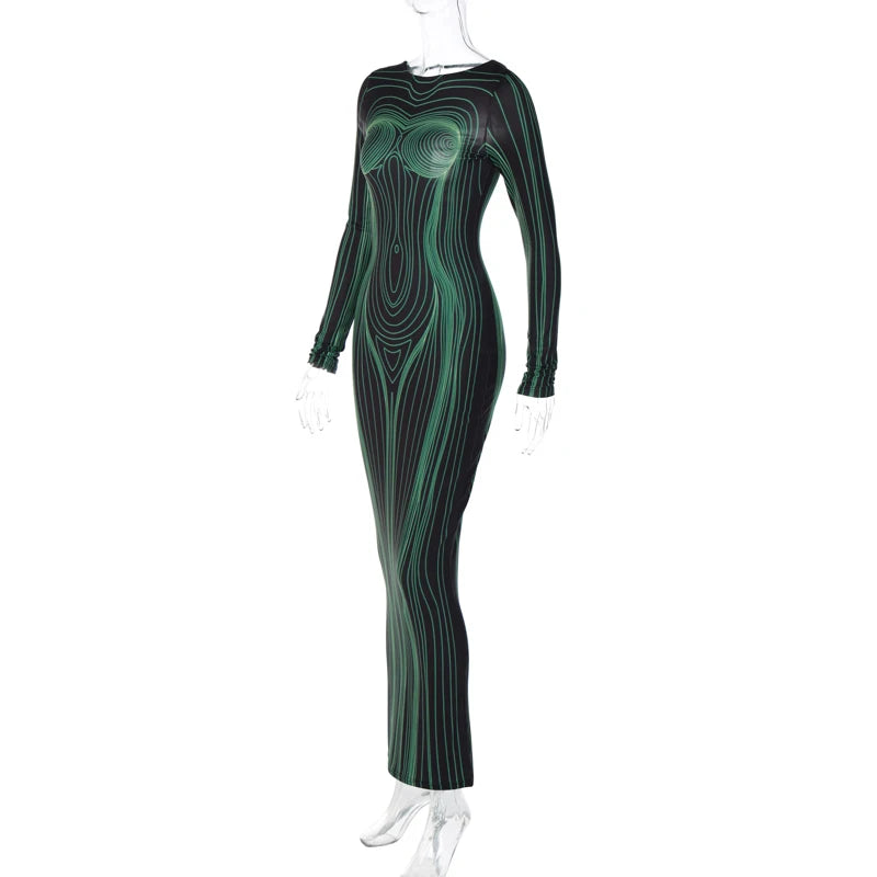 Fall Clothing For a Business Women, Sleeve Bodycon Streetwear 
Party Club Green Long Dress