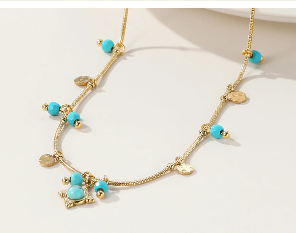 18K Gold PVD Plated Stainless Steel Chain Necklace for Women with Turquoise Natural Stone Round Tap
Texture Waterproof Jewelry