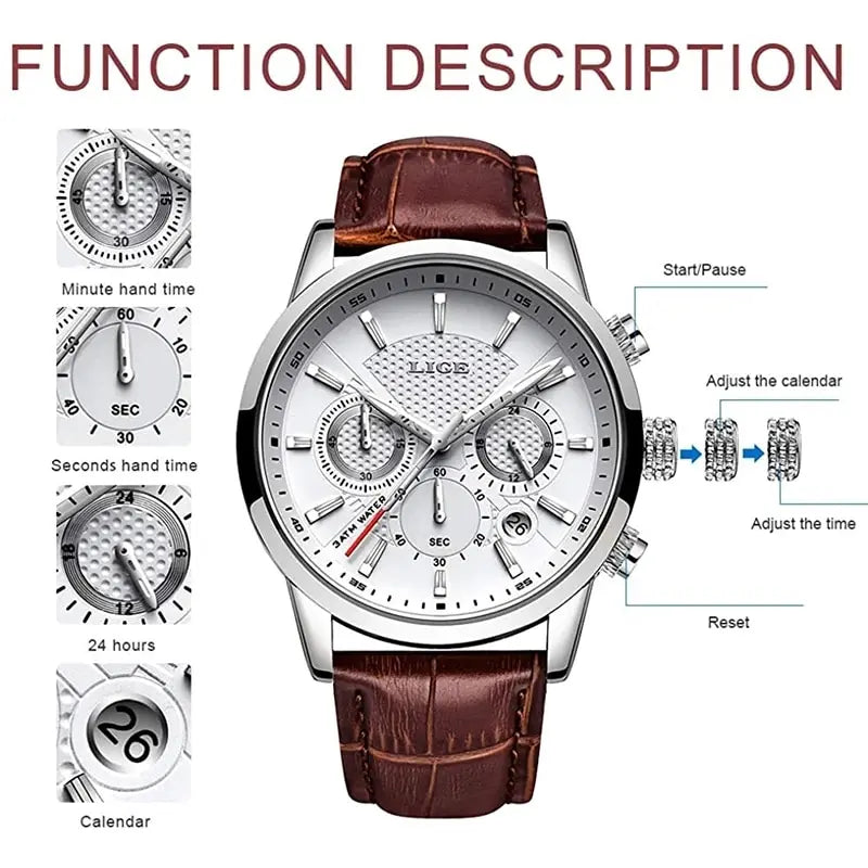 Men Luxury Casual Leather Quartz Men Watch 
Man Business Clock, Waterproof with Date Chronograph