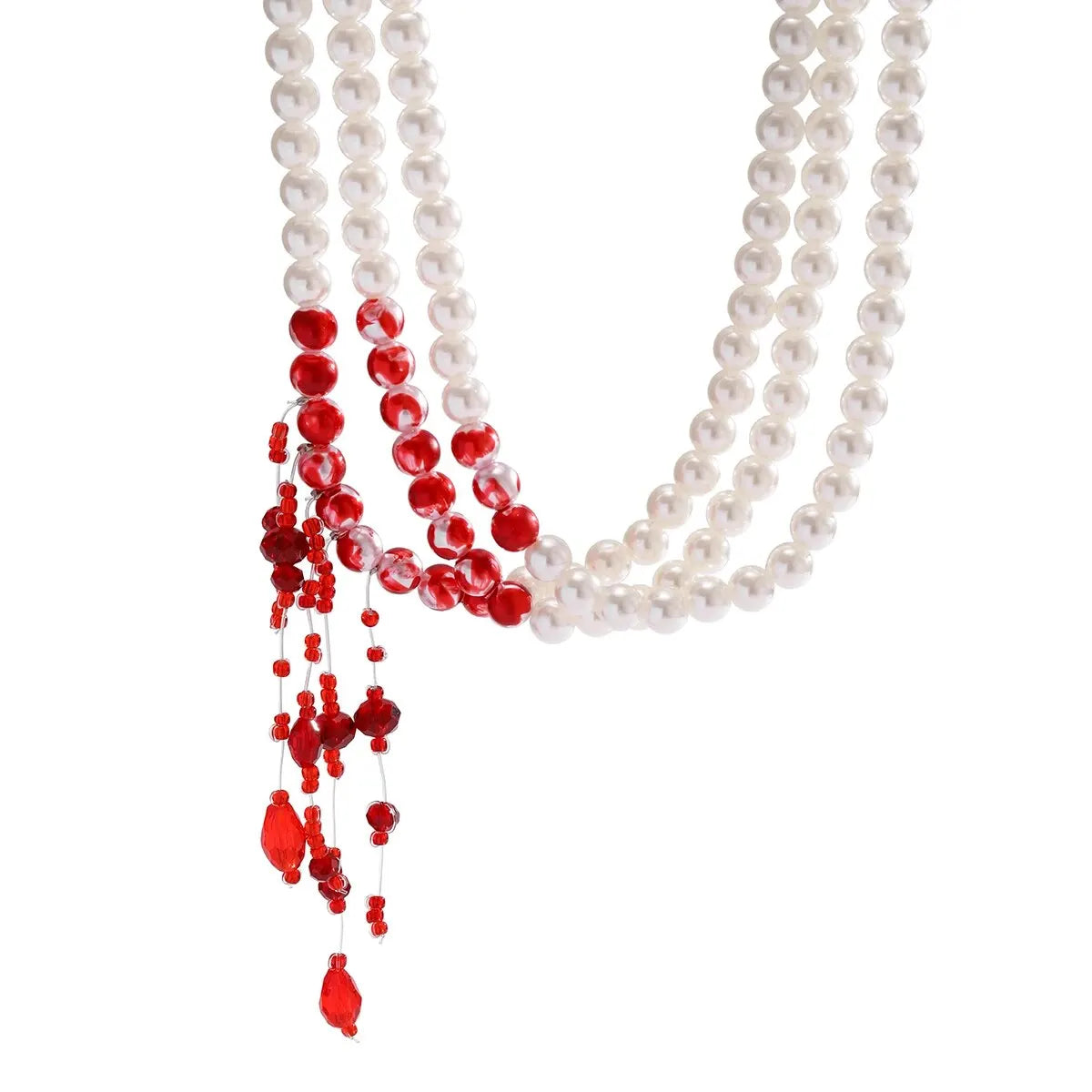 Multilayer Vintage Red Blood Pattern with Imitation Pearl Tassel Pendant Necklace