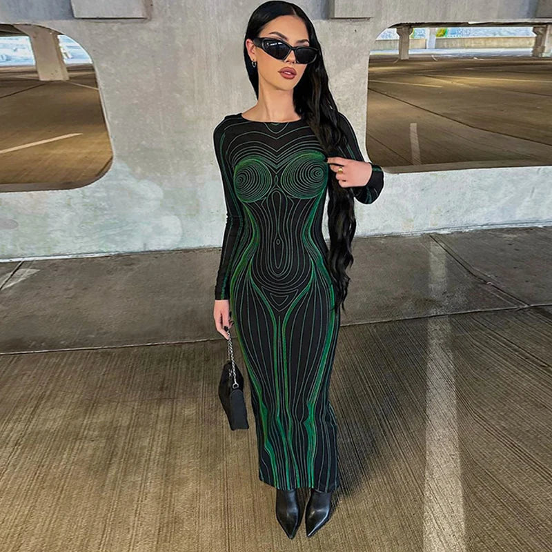 Fall Clothing For a Business Women, Sleeve Bodycon Streetwear 
Party Club Green Long Dress