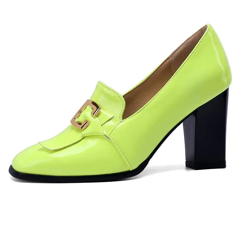 Women Pumps Square Toe, Block Heel
easy Slip-on with Shallow Metal Decoration