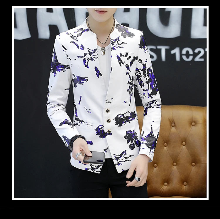 Men Printed Small Suit 
Male Self-cultivation Stand-up Collar Tunic Casual Suit