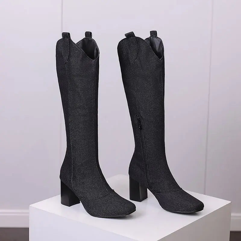 Denim Western style Knee High Boots with Square Toe, Block Heels 7cm, Zipper 
Cowboy Casual Female Booties