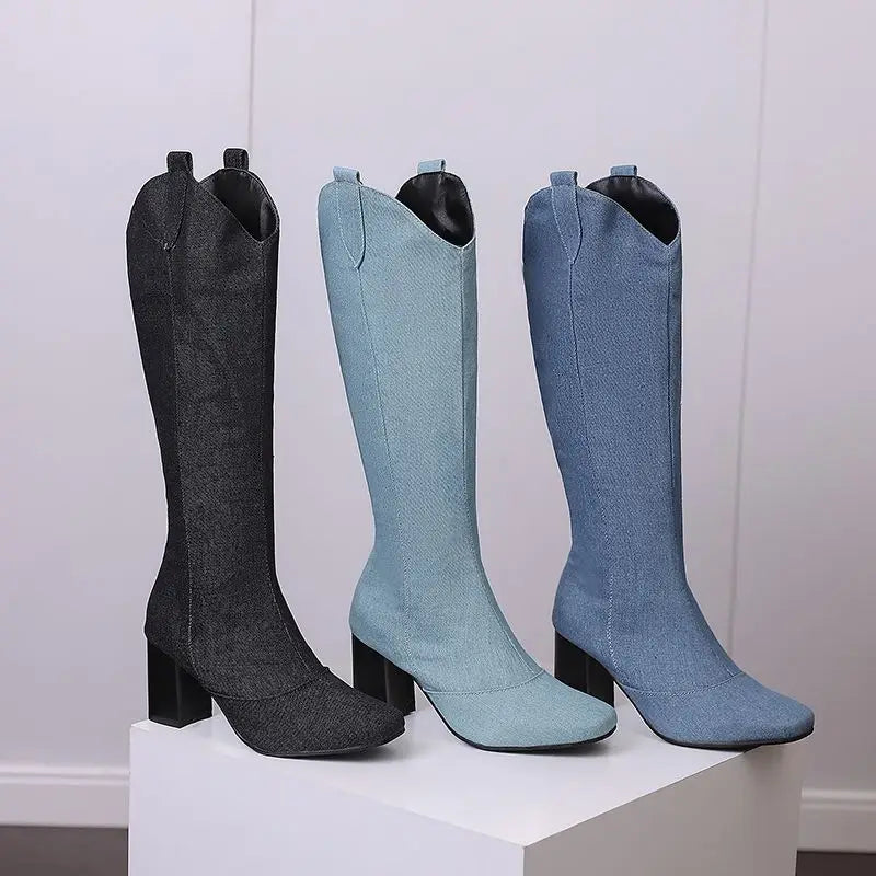 Denim Western style Knee High Boots with Square Toe, Block Heels 7cm, Zipper 
Cowboy Casual Female Booties