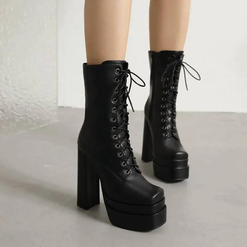 Ladies Mid Calf Boots 18cm with Square Toe, Block Heels 14cm
Double Platform 5cm, Zipper Lace Up Female Booties