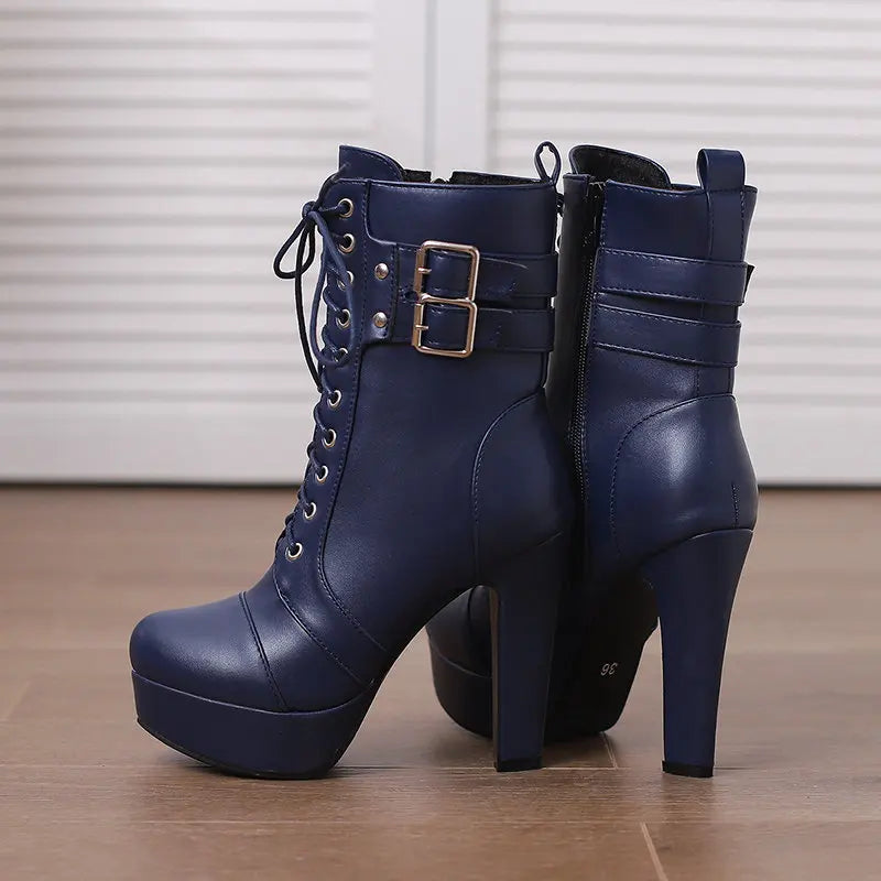 Women Boots with Round Toe, Chunky High Heels 12cm, Platform, 2.5cm Zipper
 Lace Up Belt Buckles