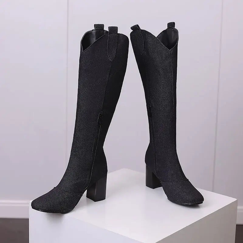 Denim Western style Knee High Boots with Square Toe, Block Heels 7cm, Zipper 
Cowboy Casual Female Booties