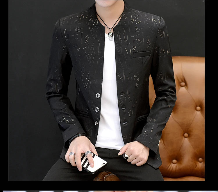 Men Printed Small Suit 
Male Self-cultivation Stand-up Collar Tunic Casual Suit