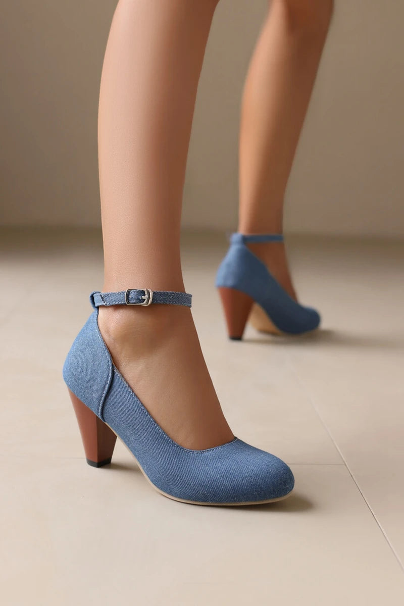 Women Pumps Pointed Toe, 7.5cm Spike Heel, Denim Fabric, Office Ankle Strap