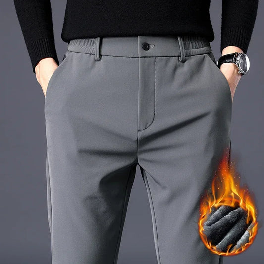 Autumn & Winter men Pants, Thicken Fleece Lined Warm Elastic Waist 
Outdoor Sweatpants Grey male Trousers