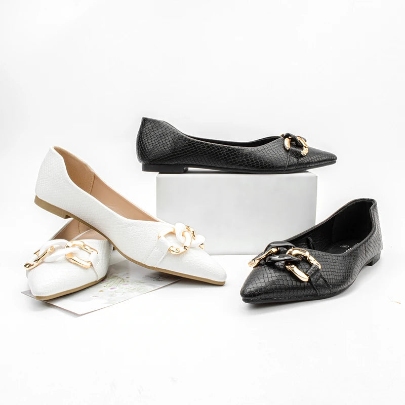 Pointed Metal Buckle Spring & Autumn Flat Women's Shoes