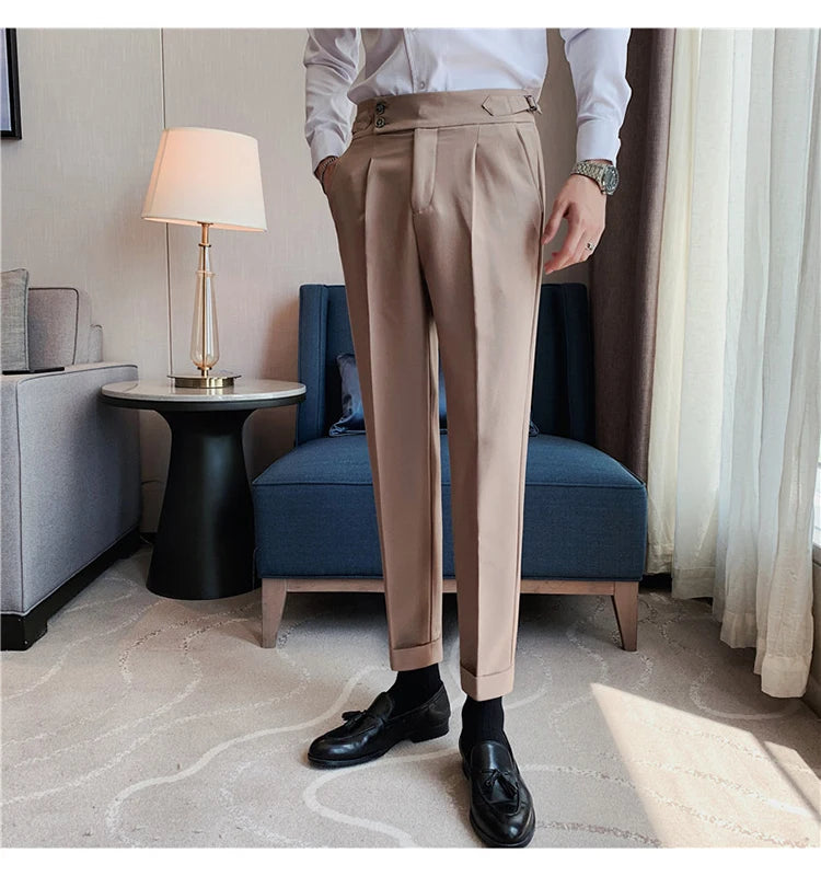 Men Dress Suit Pants, Striped Plaid British Style, High Waist Casual Belt Design 
Slim Trousers, Formal, Office, Social, Wedding, Party