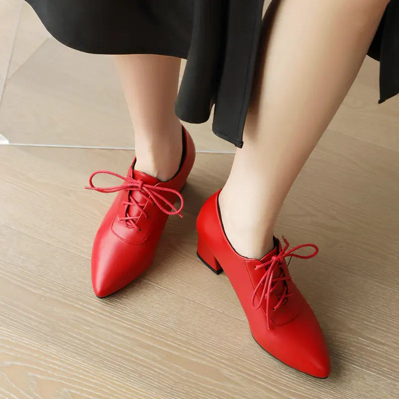 Women Pumps Pointed Toe Chunky Heels 6cm Lace Up