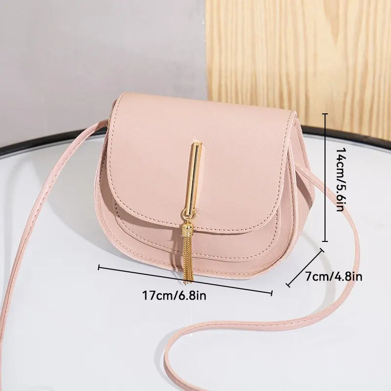 Golden Tassel Double Layer Semi Circle Solid Color One Shoulder Saddle Bag