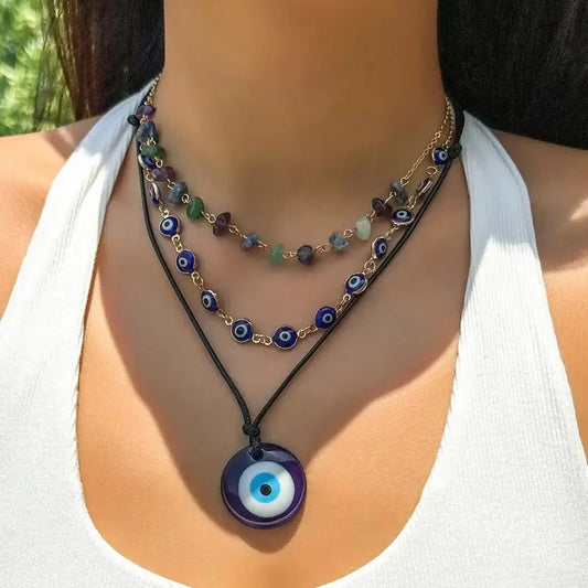 3 Pcs Boho Creative Blue Turkish Lucky Evil Eye Pendant Choker Necklace