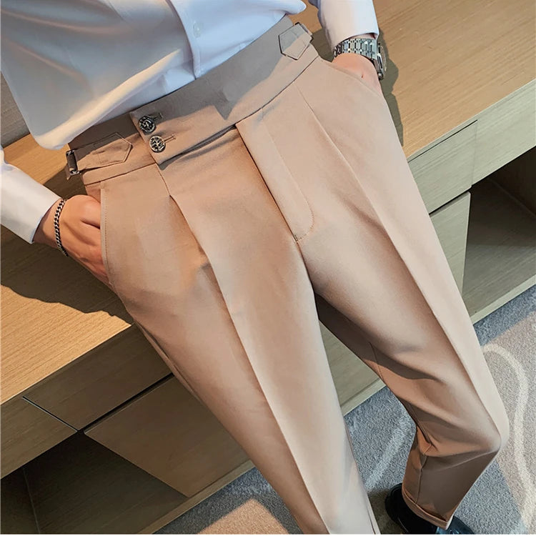 Men Dress Suit Pants, Striped Plaid British Style, High Waist Casual Belt Design 
Slim Trousers, Formal, Office, Social, Wedding, Party