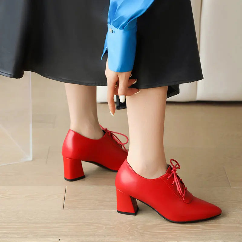 Women Pumps Pointed Toe Chunky Heels 6cm Lace Up